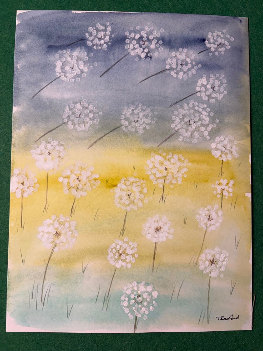 Hand painted watercolor original painting dandelions in the breeze